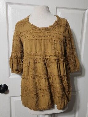 Tianello Mustard Textured And Embroidered Sally Top, Size S
